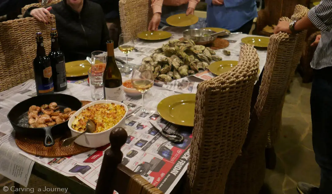 Oysters, wine, shrimp, and corn dip.