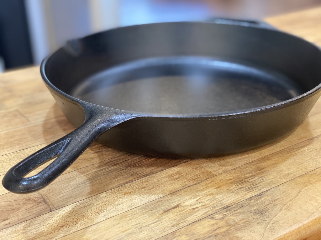 A cast-iron pan on a table. 