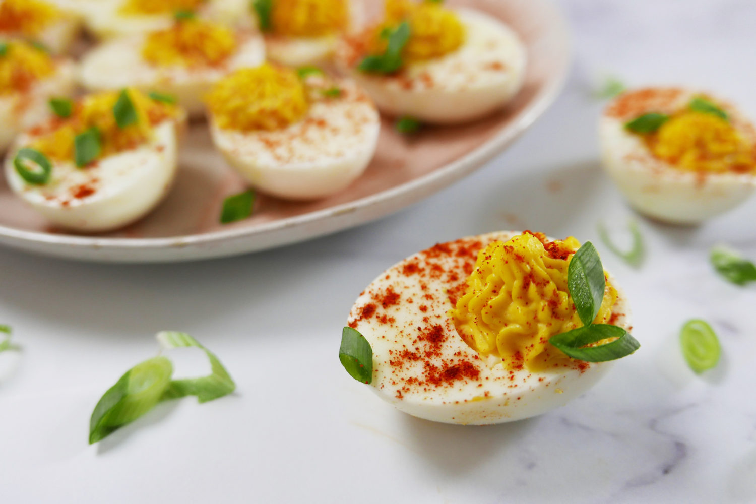 A close up shot of classic deviled eggs.