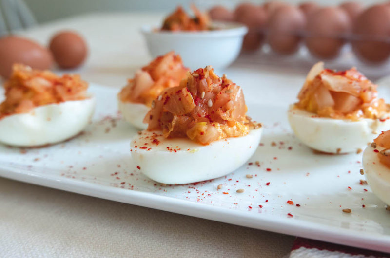 Kimchi Deviled Eggs Recipe (Korean Deviled Eggs)