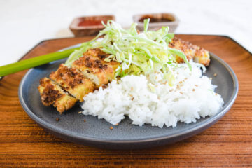 Tofu Katsu on a plate with short-grain rice
