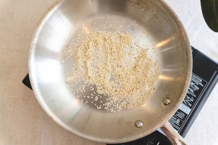 An overhead shot of sesame seeds before they are toasted.