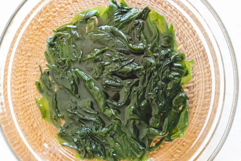 An overhead shot of seaweed soaking in water to rehydrate.
