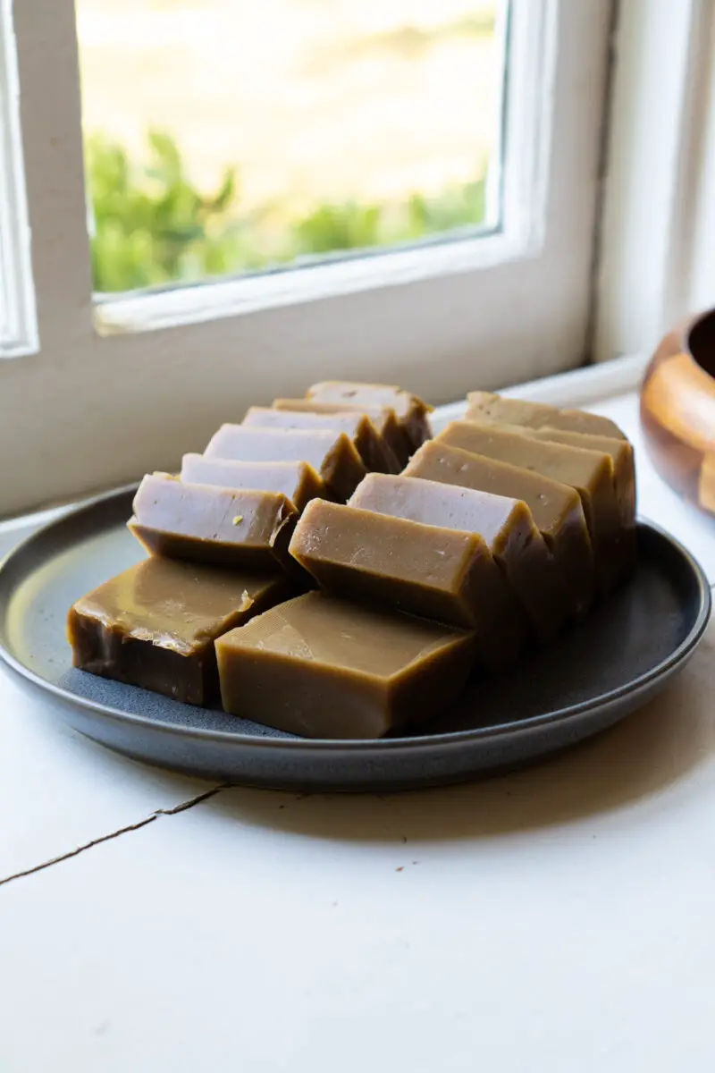 Sliced dotorimuk on a gray plate. 