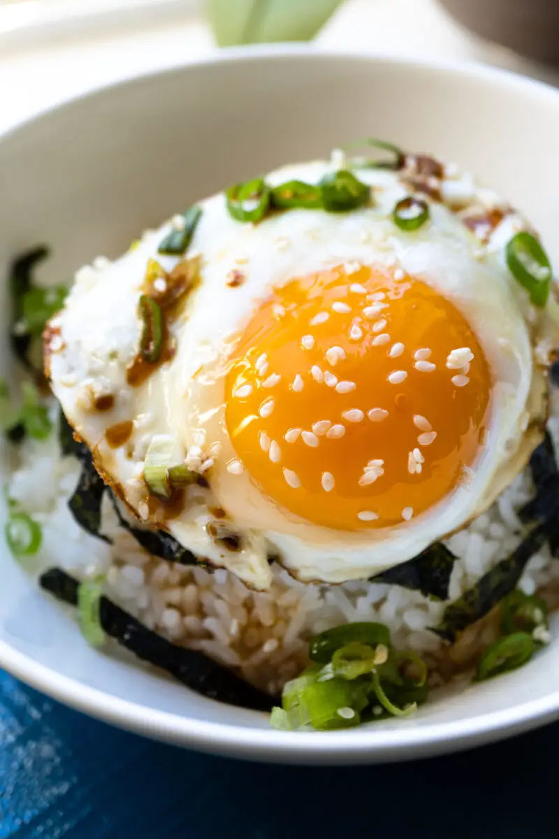 A closeup side shot of a sunny side egg over a bowl of rice. The bowl also contains green onions and seaweed strips. 