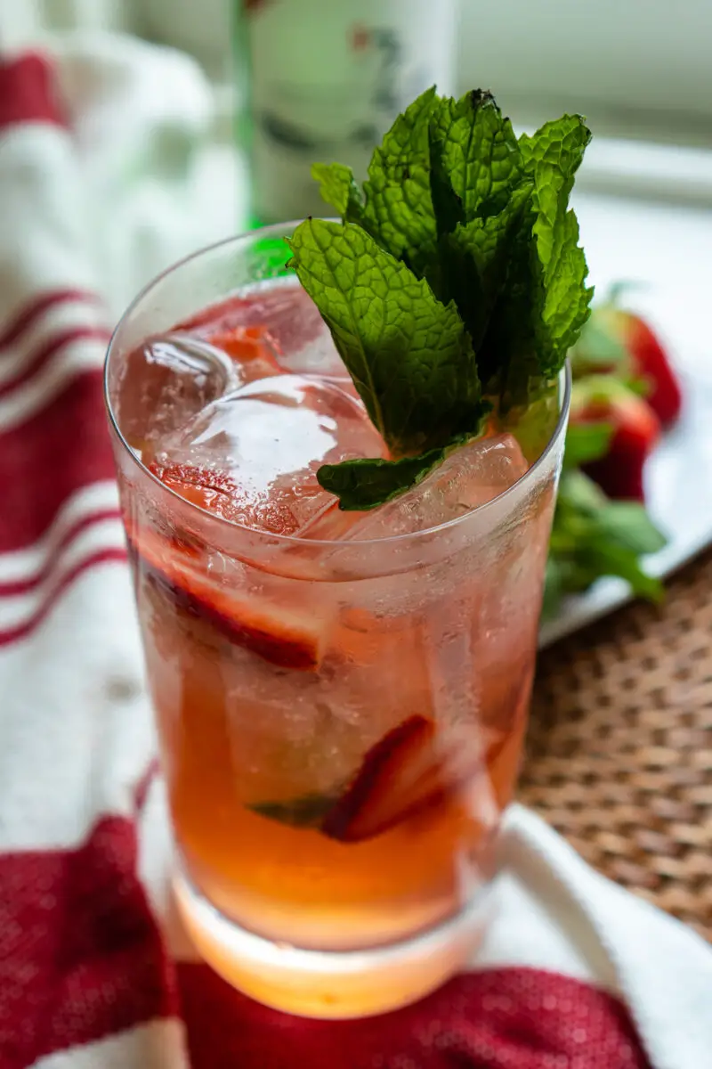 A highball glass filled with a cocktail. The cocktail is topped with mint.