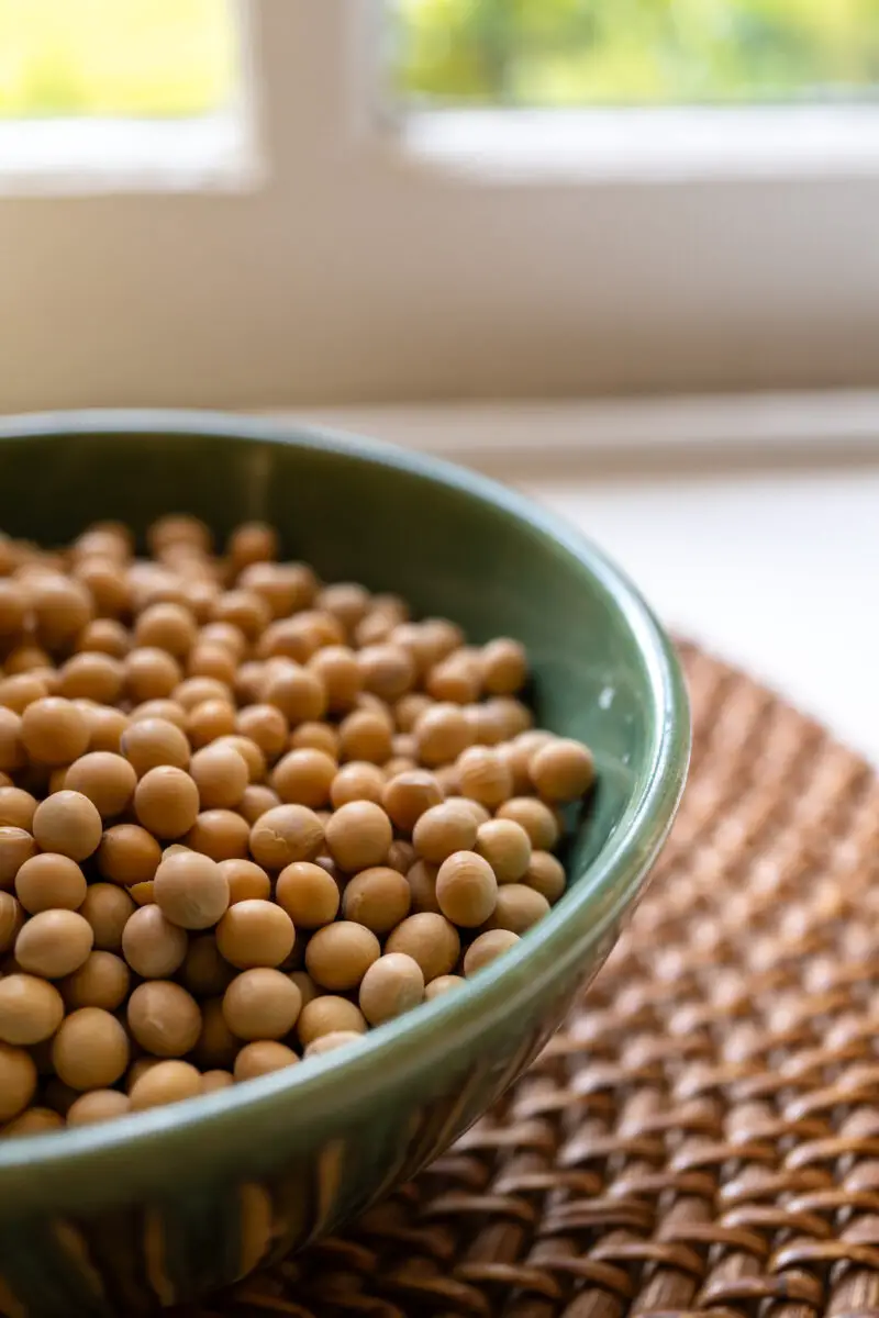 A bowl of dried soybeans. The soybeans sit in a green bowl on a woven mat. They sit on a window sill.