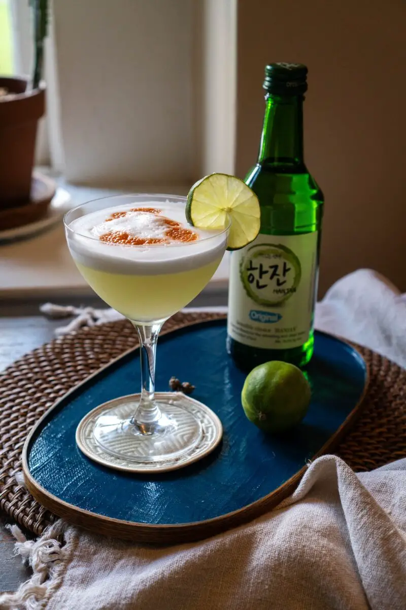 A side shot of this soju sour in a glass. Bitters sit on top of the egg foam. A lime sits on the side of the glass. A bottle of soju is in the background. Everything sits on a blue tray. 